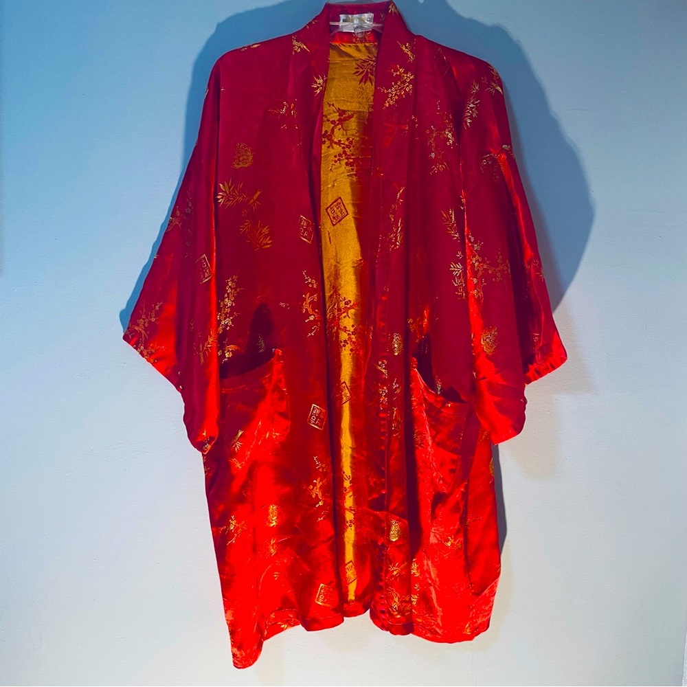 Dragon print Chinese Red Silk Robe